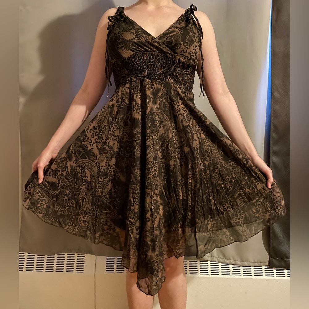 Brown Summer/Fall dress with mix of leopard and bohemian patterns